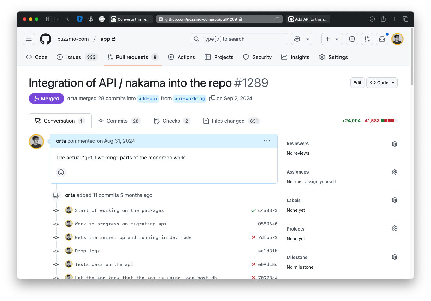 A screenshot of a GitHub Pull Request saying &ldquo;Integration of API / nakama into the repo&rdquo;