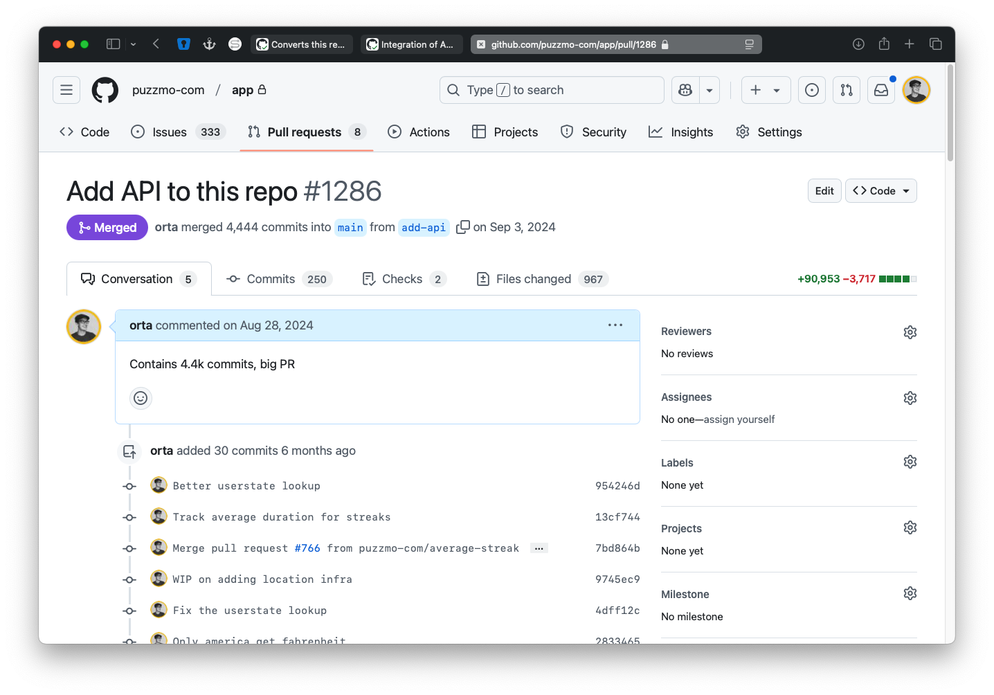 A screenshot of a GitHub Pull Request saying &ldquo;Add API to this repo&rdquo;