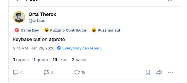 A message saying &lsquo;Keybase, but for atproto&rsquo;