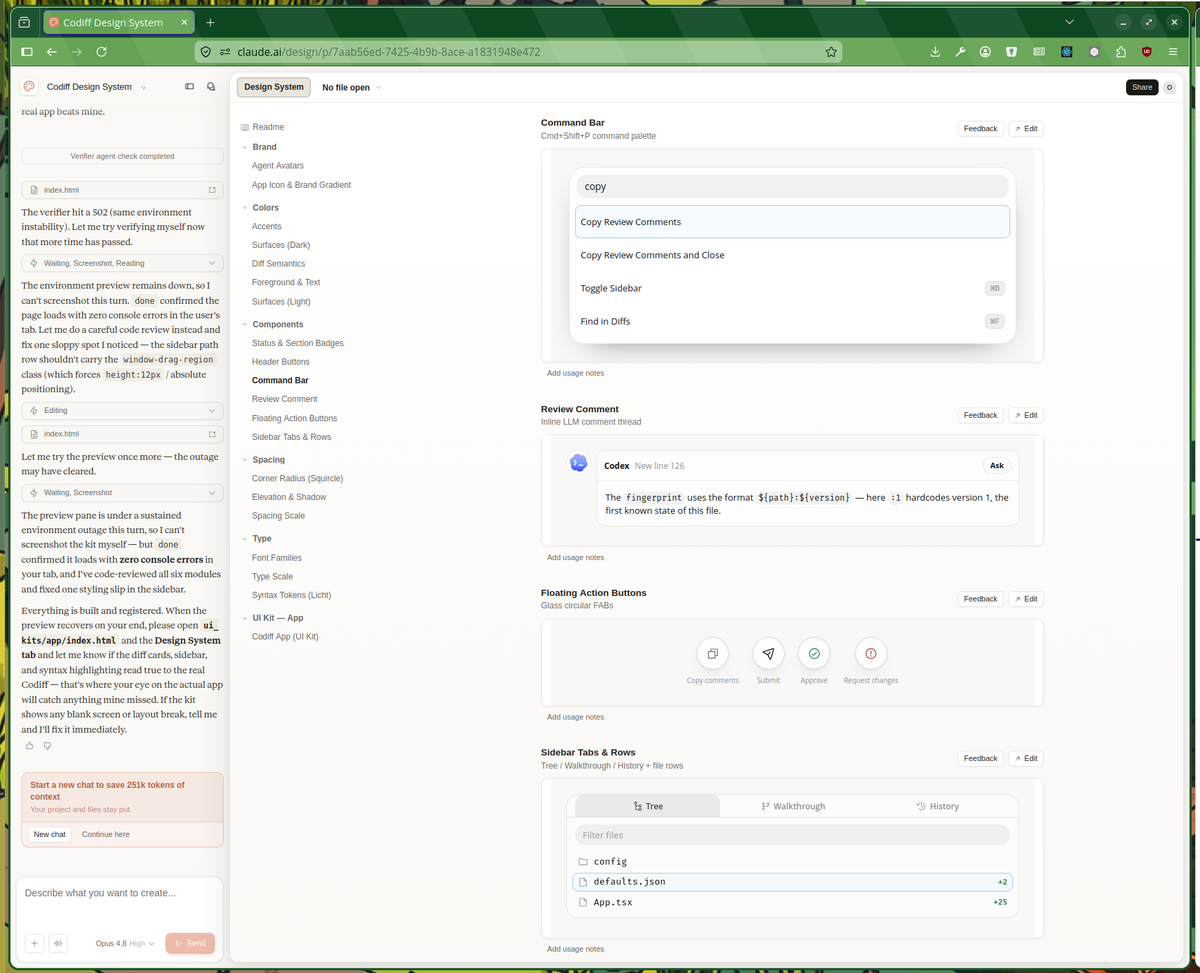 The Codiff Design System open in Claude Design, with a chat panel on the left and a scrollable preview of the design-system components on the right — a Command Bar, Review Comment, Floating Action Buttons and a sidebar listing the components, spacing and type styles.