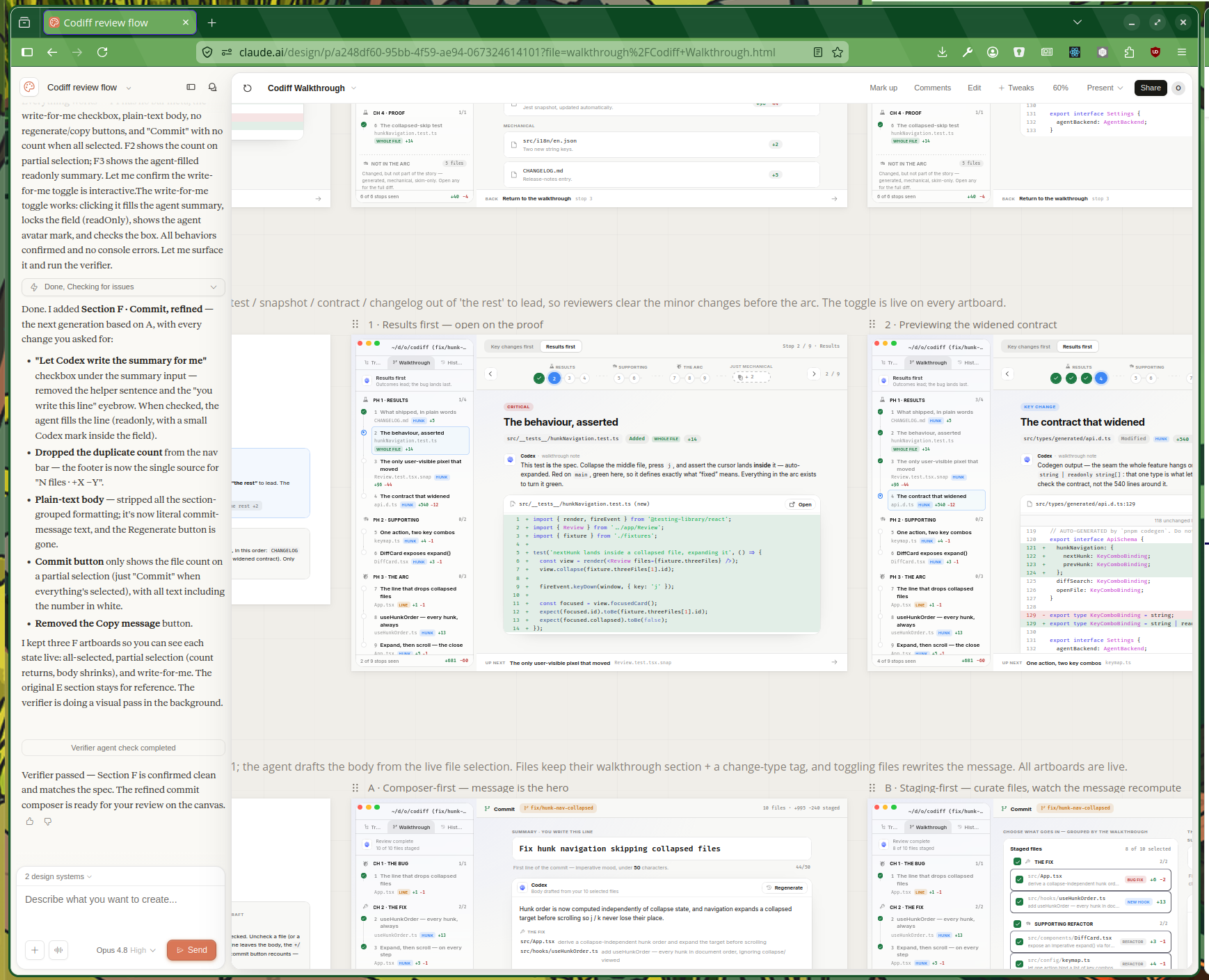 A Codiff walkthrough project built from the Codiff design system, showing a grid of generated artboards — results, contract, composer and diff views — produced from a chat prompt on the left.